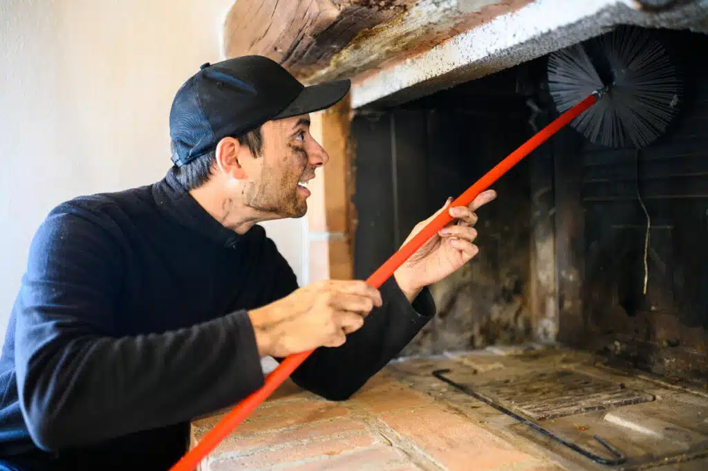 Technicien spécialisé en train de réaliser le nettoyage et l’entretien d’une cheminée électrique Technicien spécialisé en train de réaliser le nettoyage et l’entretien d’une cheminée électrique