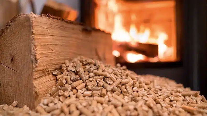 Bois et pellet en face d'un feu Bois et pellet en face d'un feu